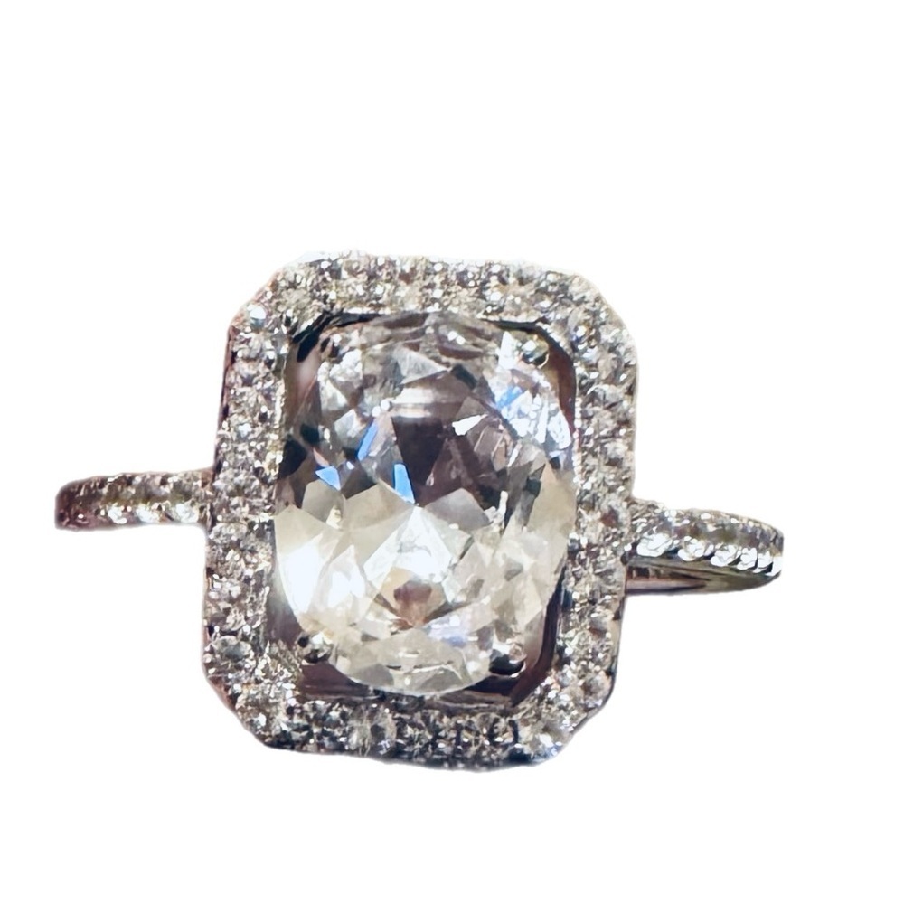 Sterling Silver 925 Rhodium Plated Oval & Round Created White Sapphire Ring SZ 7